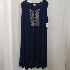 2x 3x Style Co Navy Blue Jersey Knit Embroidered Boho Midi HiLo Sleeveless Dress